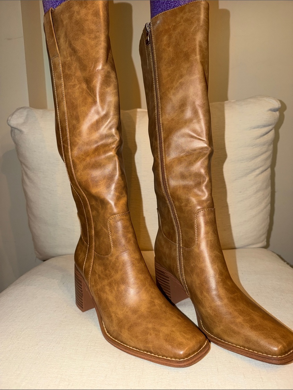 Women's Tall Block Heel Knee Boots in Tan Brown